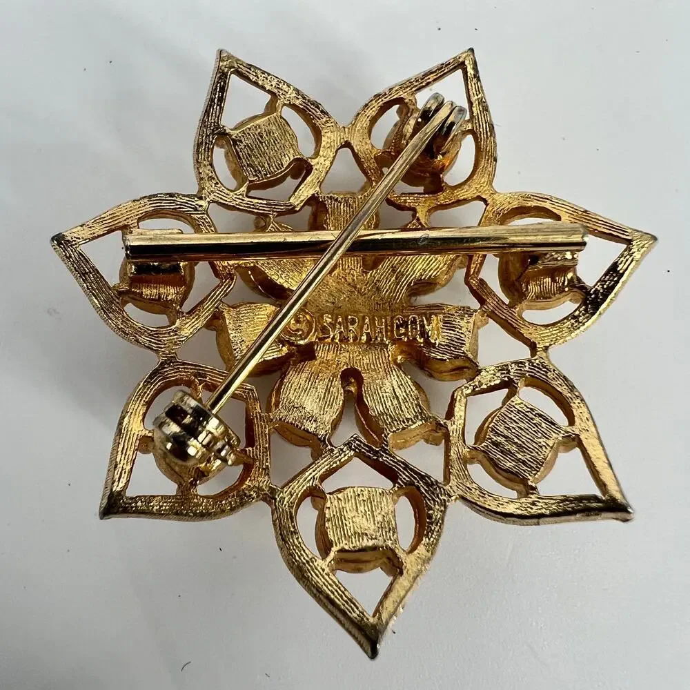 Vintage Sarah Coventry Brooch STARLIT Rhinestone Faux Pearl Gold Tone Costume